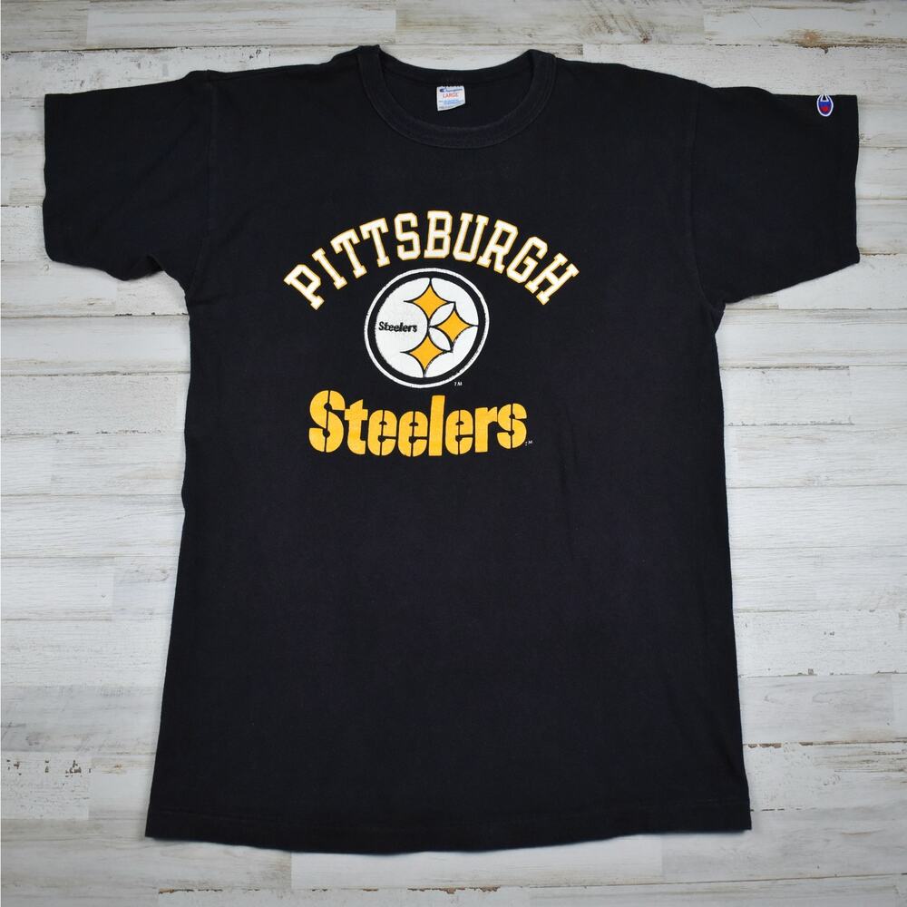 *FLAWED* Vintage Champion Steelers Football Black T-shirt fits a Small/medium